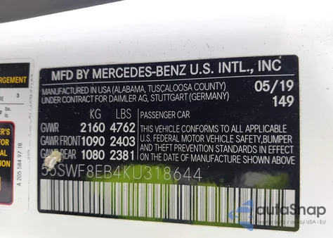 2019 Mercedes-Benz C 300 4Matic из США, поврежденный, VIN 55SWF8EB4KU318644